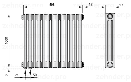Схема (чертеж) Радиатор Zehnder Charleston 3100/13 №3370 Белый глянцевый RAL 9016